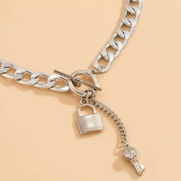 Lock and Key Diamond Silver Chain Necklace - Picture 3 of 3